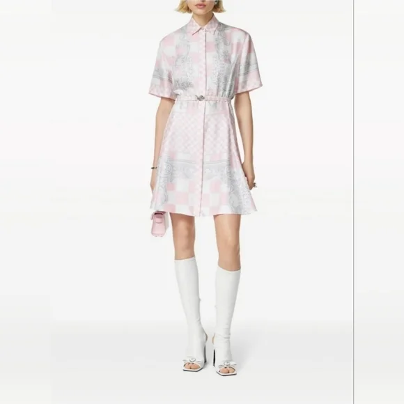 Versace Pink Shirt Dress Signature Baroque Print with belt Silk size S